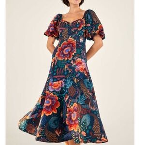 FARM RIO NWT Teal River Creatures Floral Bird Fruit
Print Puff Sleeve Midi Dress